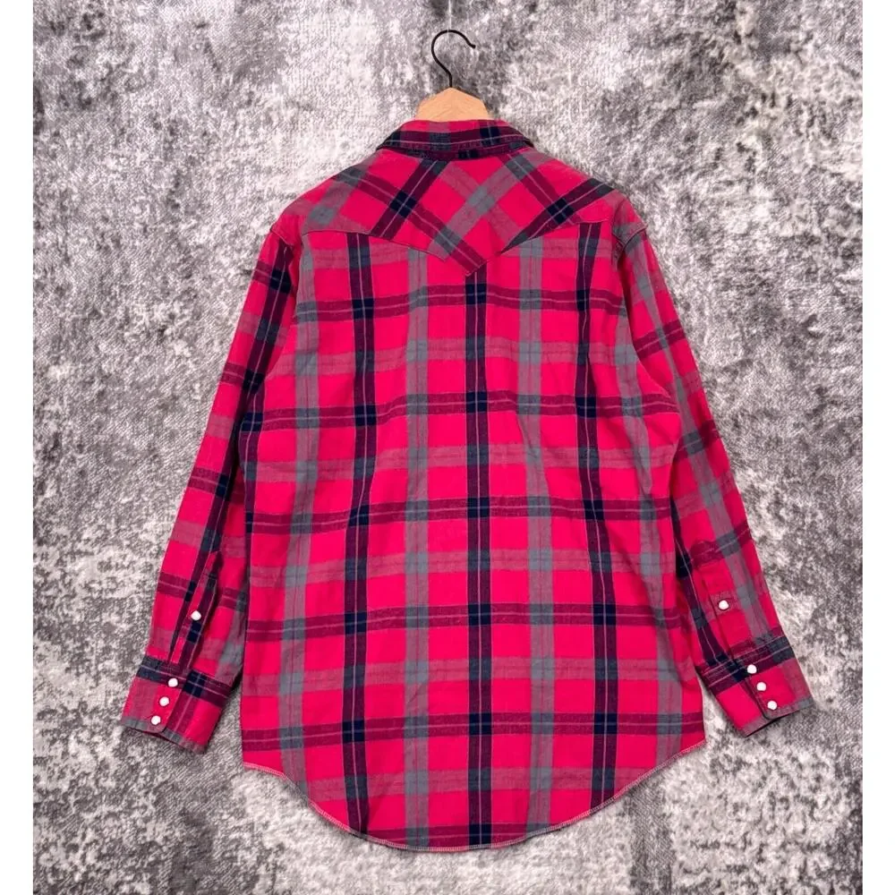 Vintage Wrangler Shirt 16.5 / XL Mens Brushpopper Pink Plaid Pearl Snap Made USA
